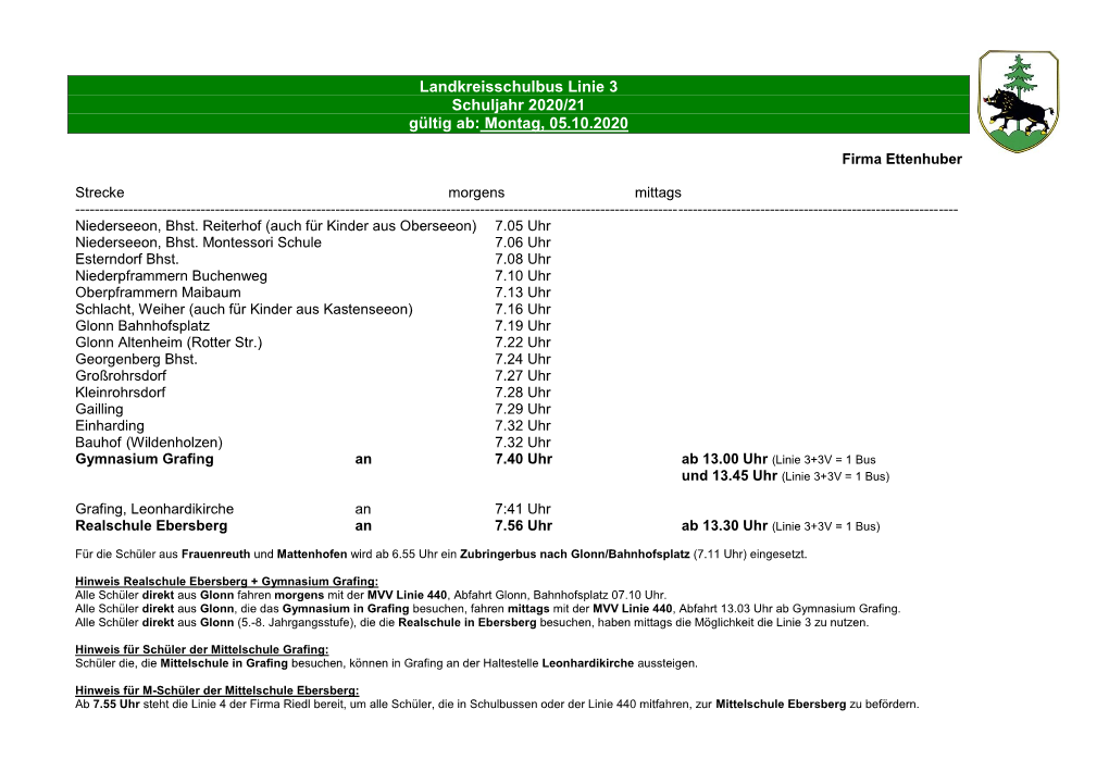Landkreisschulbus Linie 3 Schuljahr 2020/21 Gültig Ab: Montag, 05.10.2020