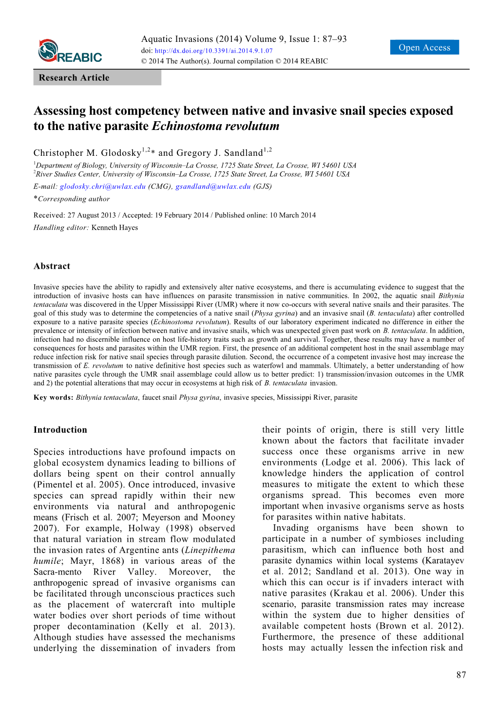 Assessing Host Competency Between Native and Invasive Snail Species Exposed to the Native Parasite Echinostoma Revolutum