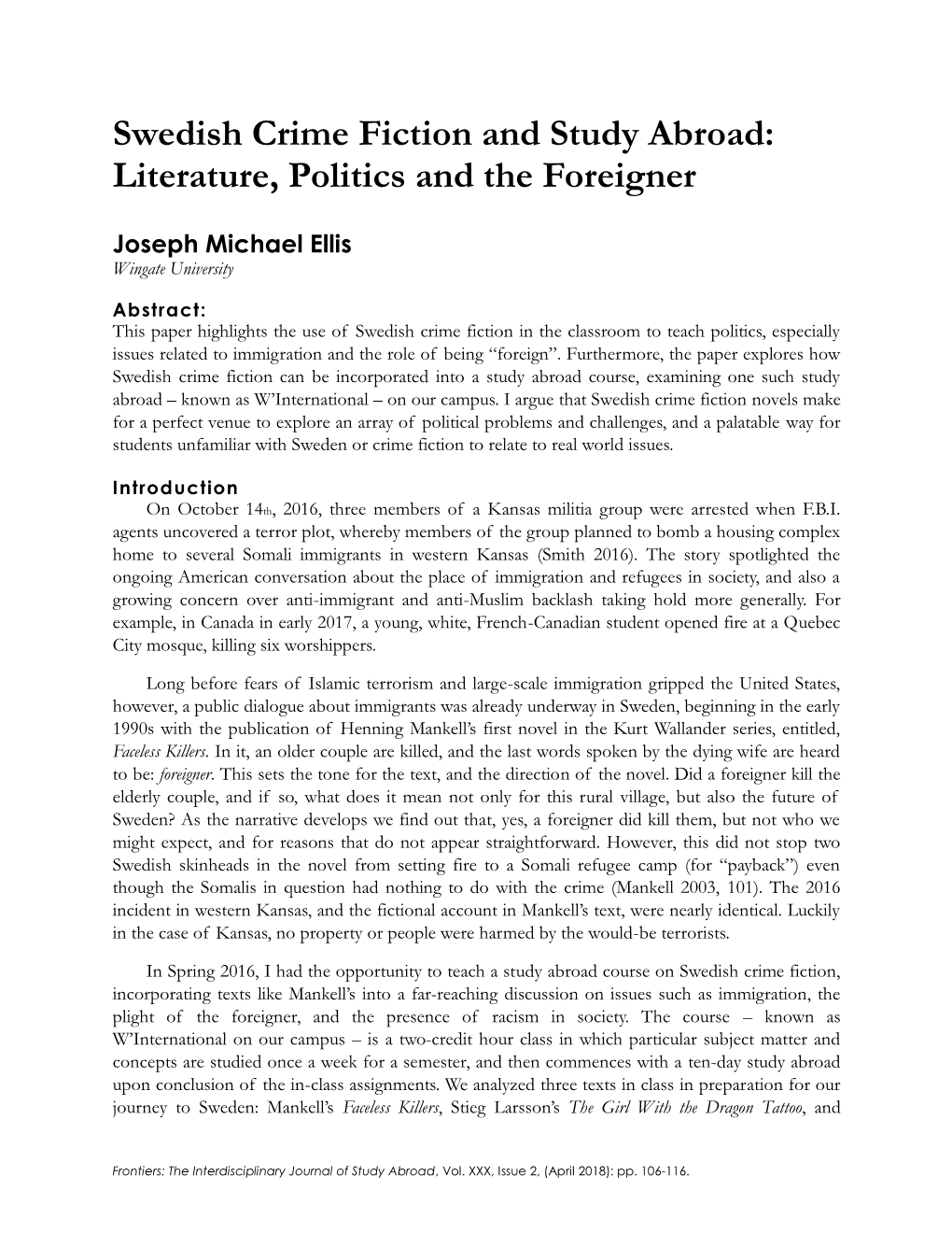 Swedish Crime Fiction and Study Abroad: Literature, Politics and the Foreigner