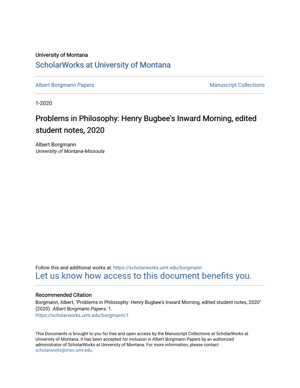 Problems in Philosophy: Henry Bugbee's Inward Morning, Edited Student Notes, 2020