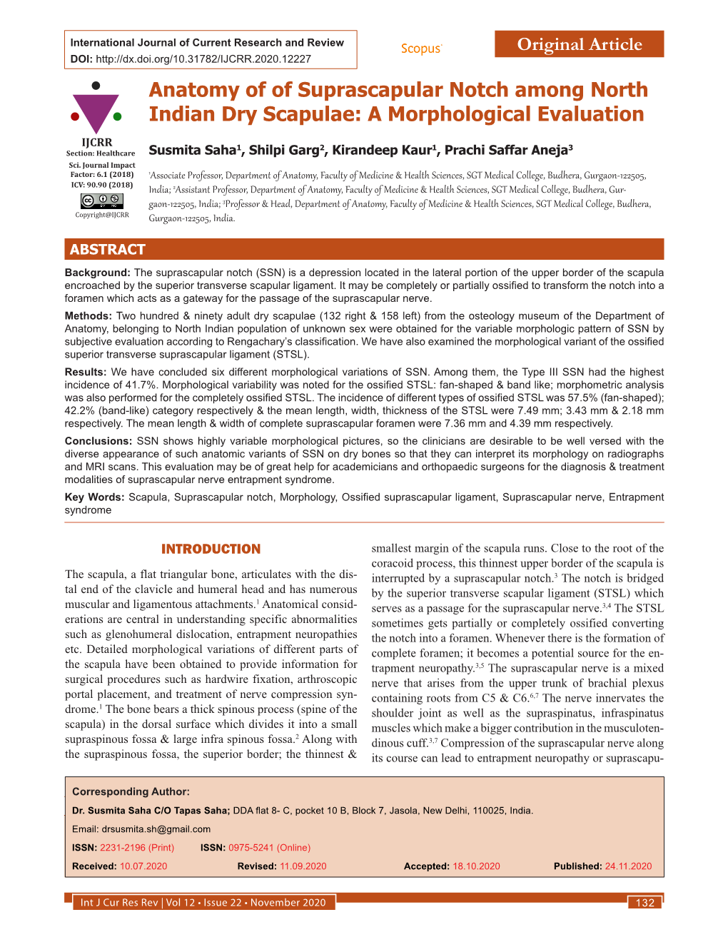 Anatomy of of Suprascapular Notch Among North Indian Dry Scapulae: a Morphological Evaluation