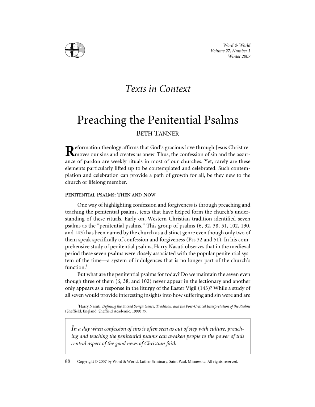 Preaching the Penitential Psalms BETH TANNER
