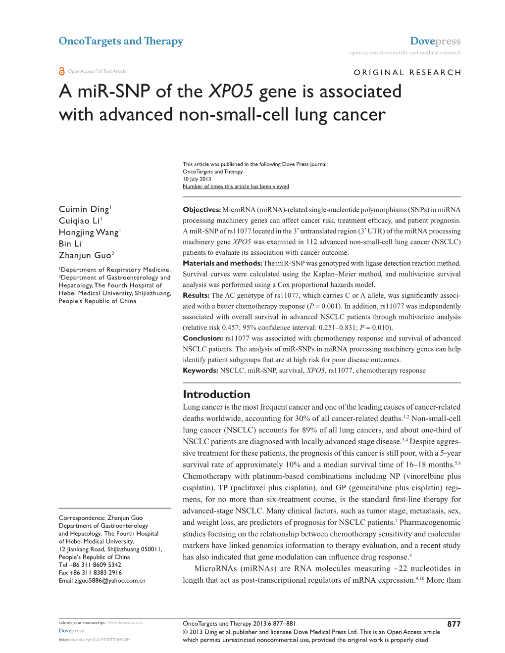 A Mir-SNP of the XPO5 Gene Is Associated with Advanced Non-Small-Cell Lung Cancer