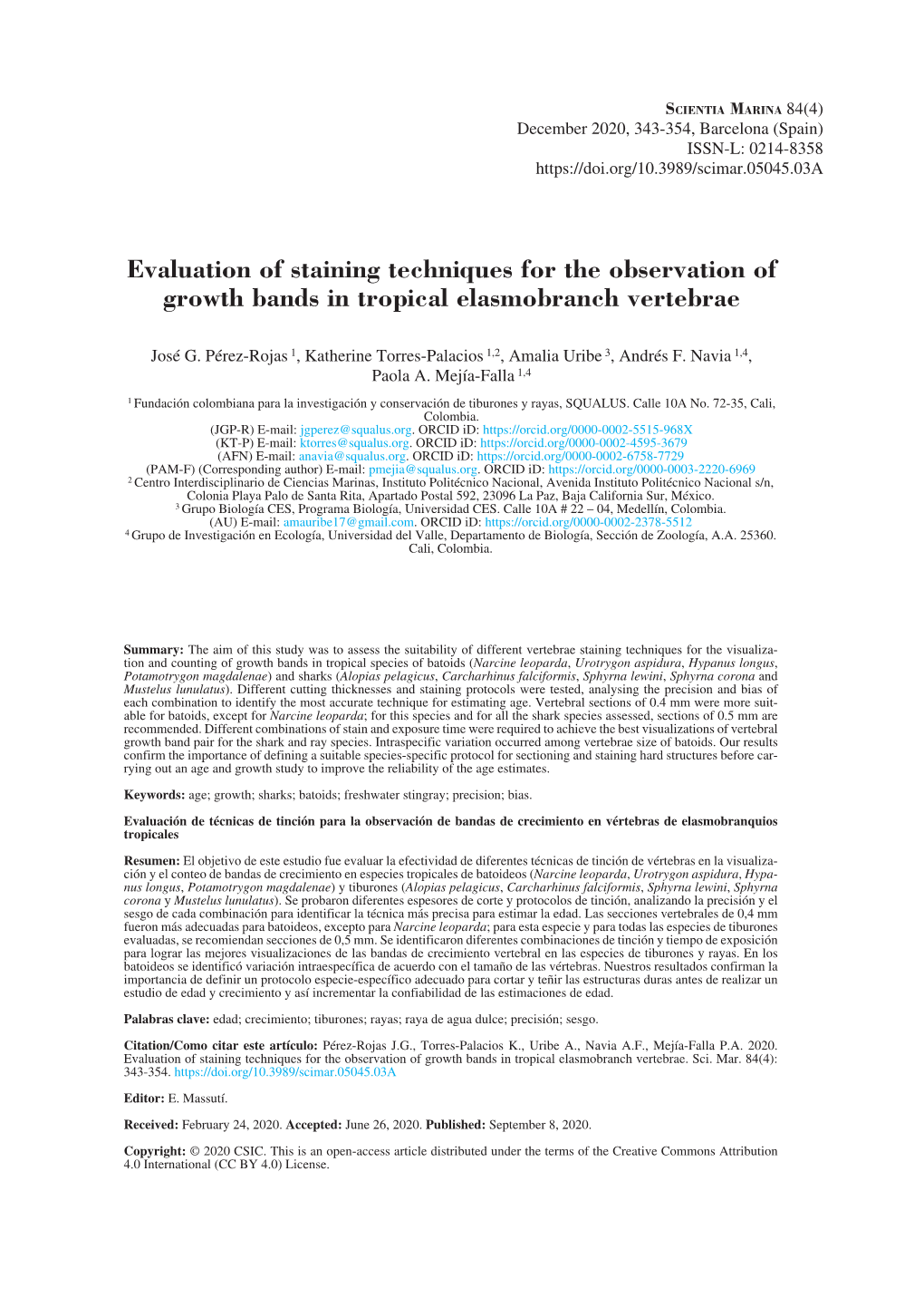 Evaluation of Staining Techniques for the Observation of Growth Bands in Tropical Elasmobranch Vertebrae