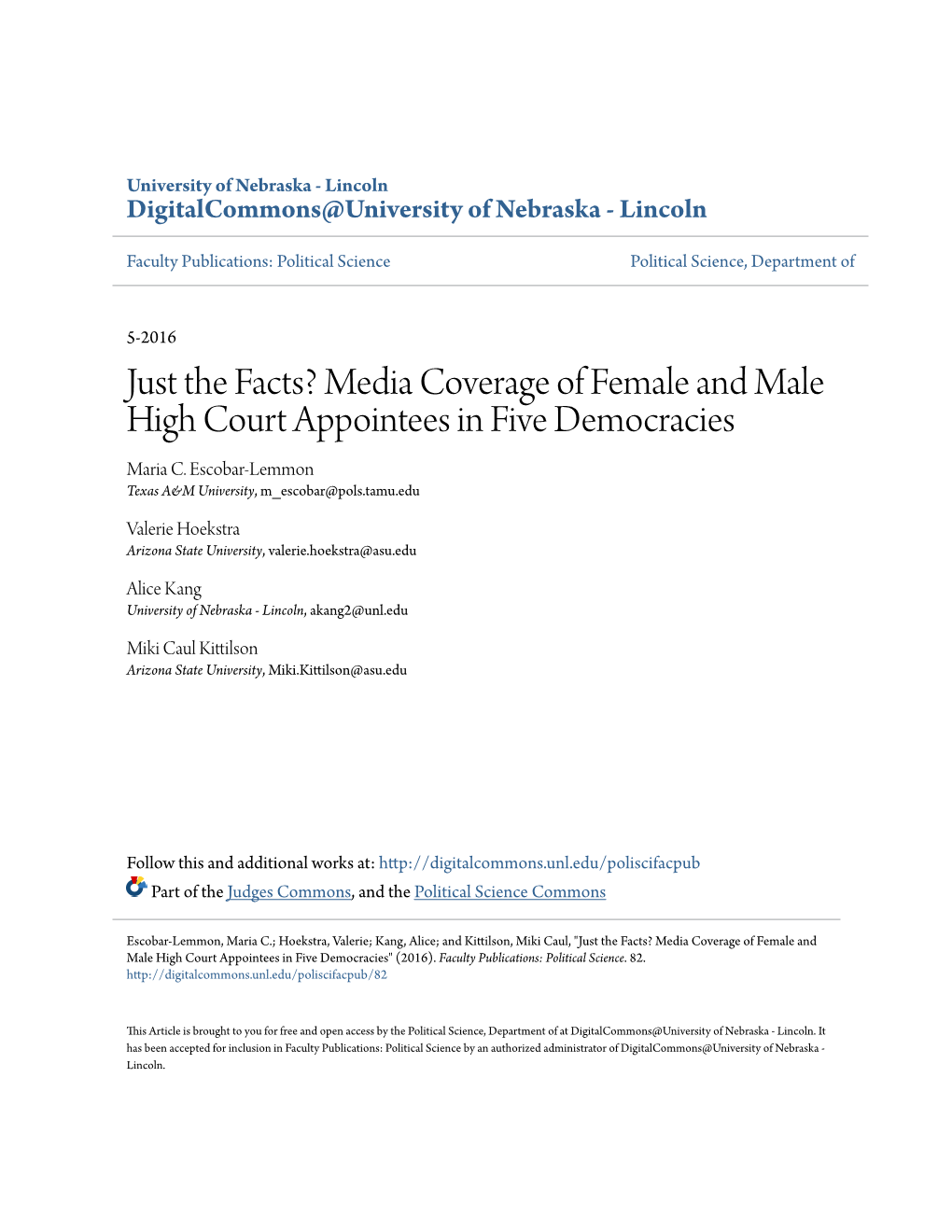 Media Coverage of Female and Male High Court Appointees in Five Democracies Maria C