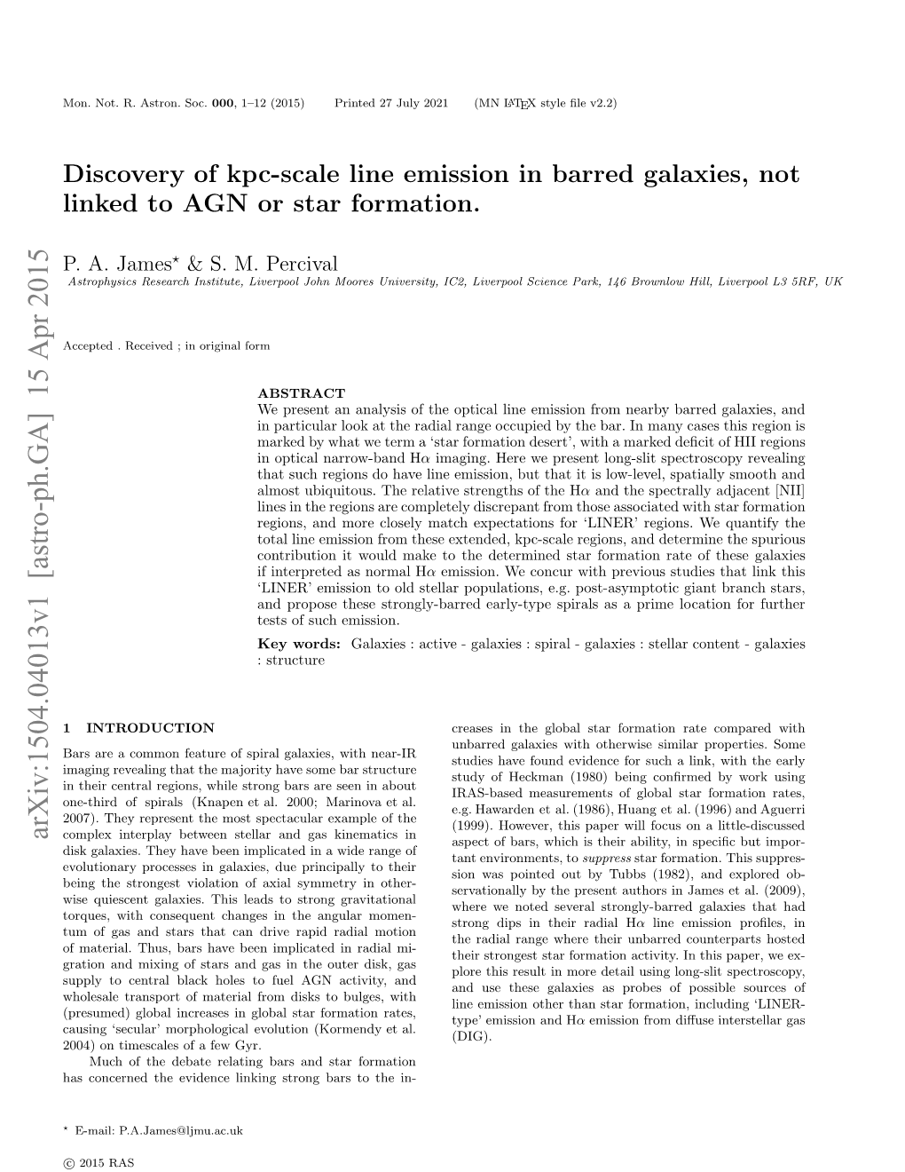 Discovery of Kpc-Scale Line Emission in Barred Galaxies, Not Linked To