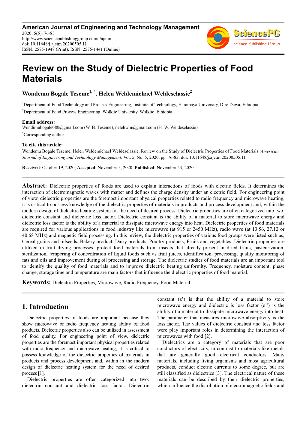 Review on the Study of Dielectric Properties of Food Materials