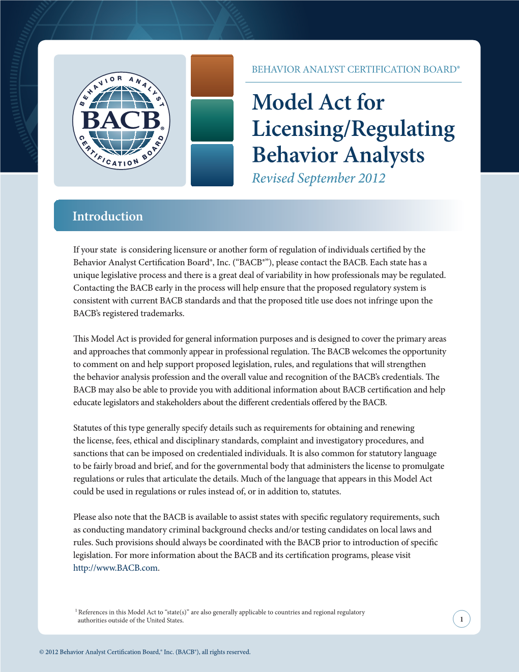 Model Act for Licensing/Regulating Behavior Analysts