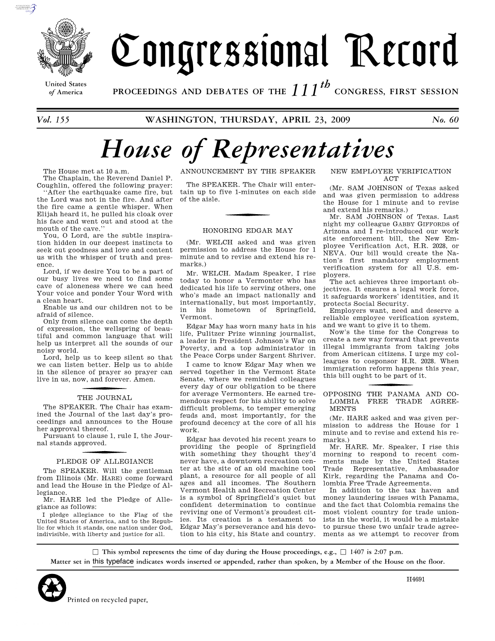 Congressional Record United States Th of America PROCEEDINGS and DEBATES of the 111 CONGRESS, FIRST SESSION