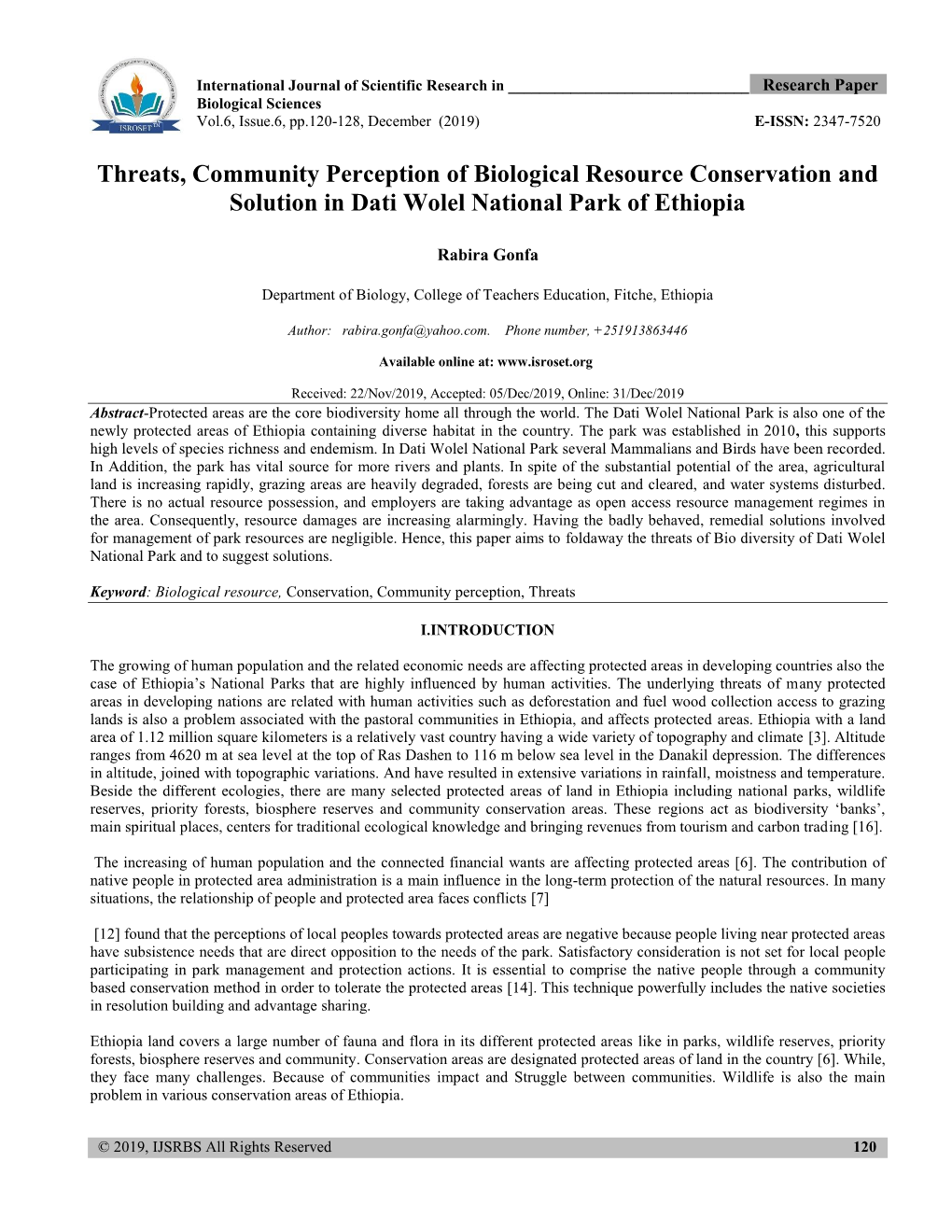 Threats, Community Perception of Biological Resource Conservation and Solution in Dati Wolel National Park of Ethiopia