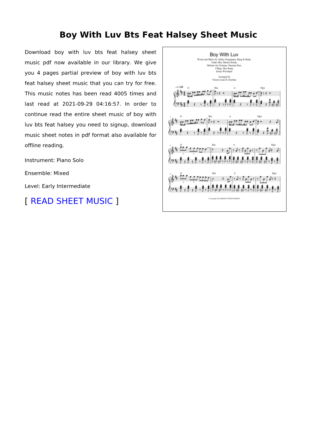 Boy with Luv Bts Feat Halsey Sheet Music