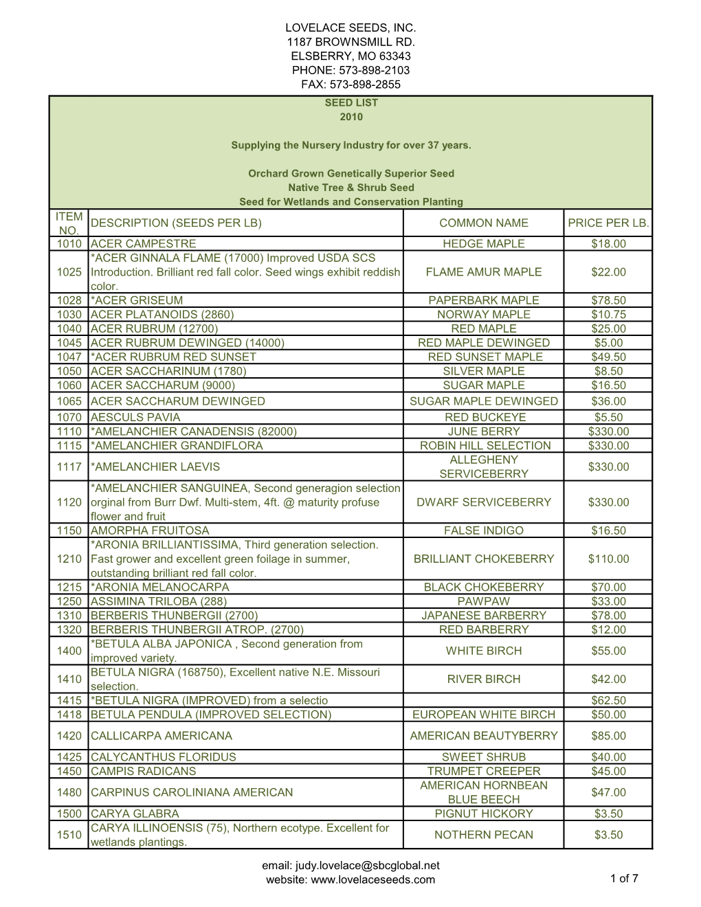 Lovelace Seeds, Inc. 1187 Brownsmill Rd. Elsberry, Mo 63343 Phone: 573-898-2103 Fax: 573-898-2855 Seed List 2010