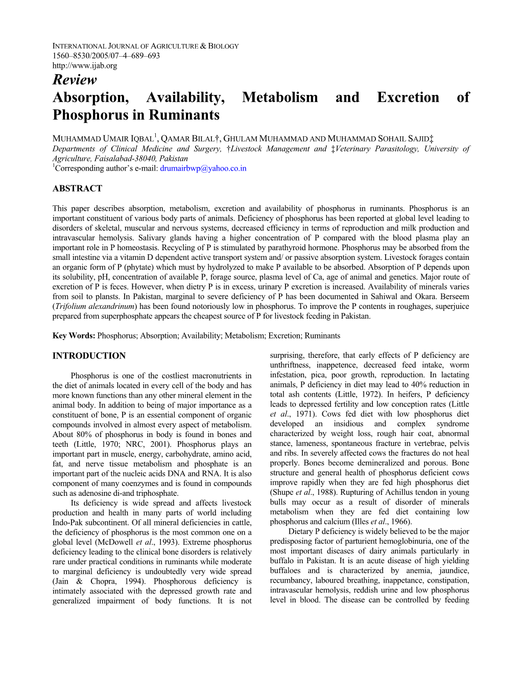 Review Absorption, Availability, Metabolism and Excretion of Phosphorus in Ruminants