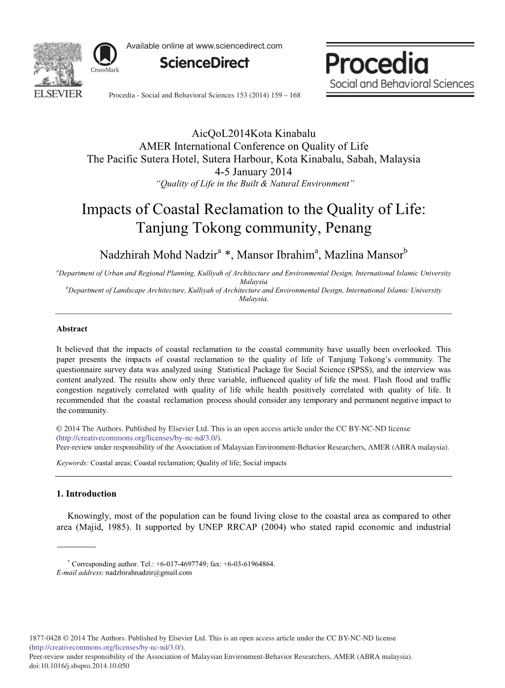 Impacts of Coastal Reclamation to the Quality of Life: Tanjung Tokong Community, Penang