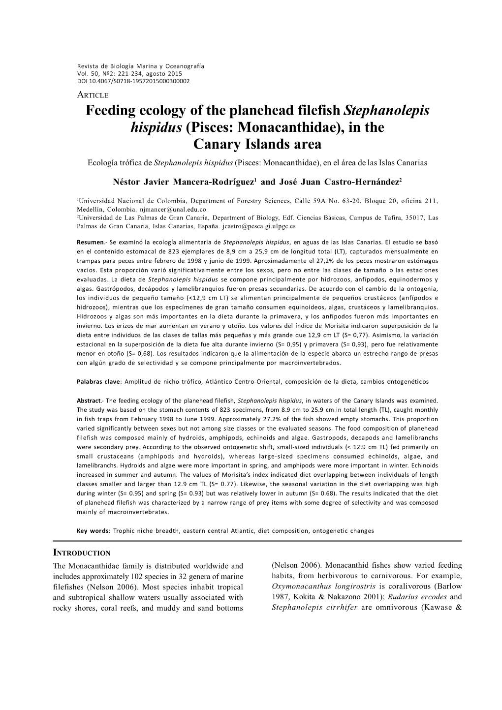 Feeding Ecology of the Planehead Filefish Stephanolepis Hispidus