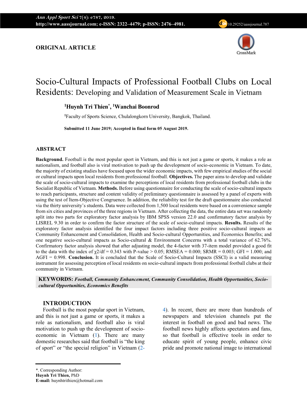 Socio-Cultural Impacts of Professional Football Clubs on Local Residents: Developing and Validation of Measurement Scale in Vietnam