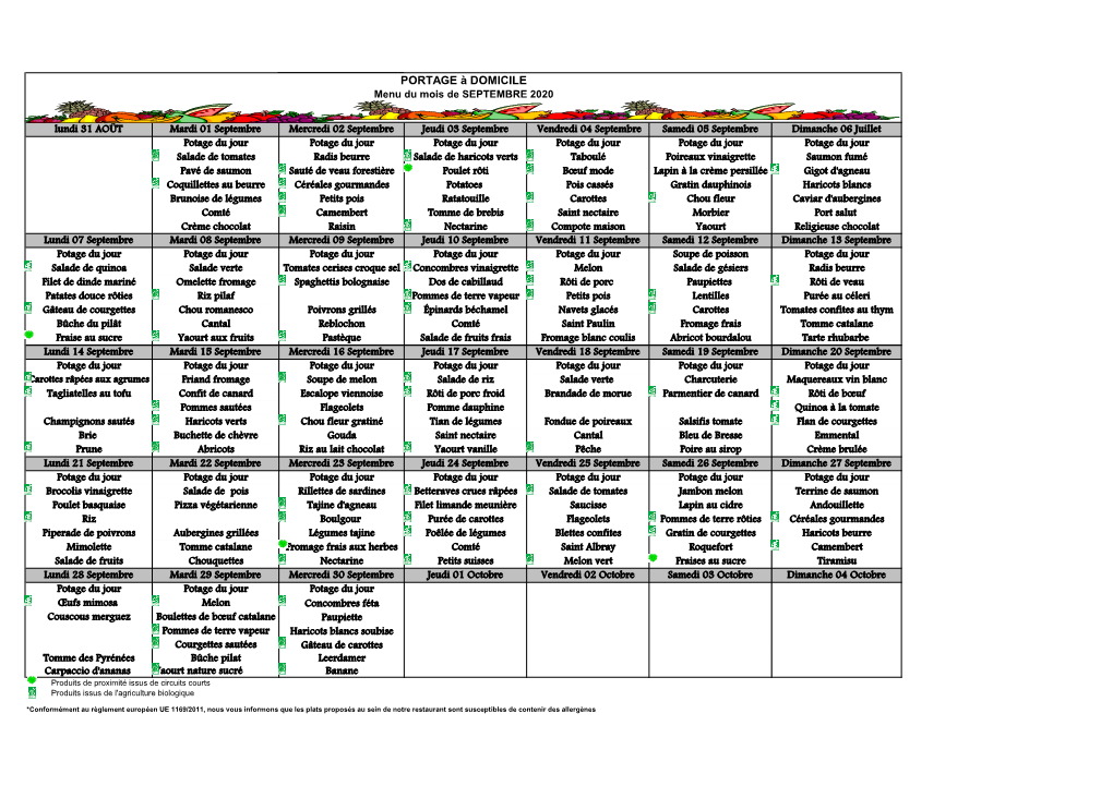 PORTAGE À DOMICILE Menu Du Mois De SEPTEMBRE 2020