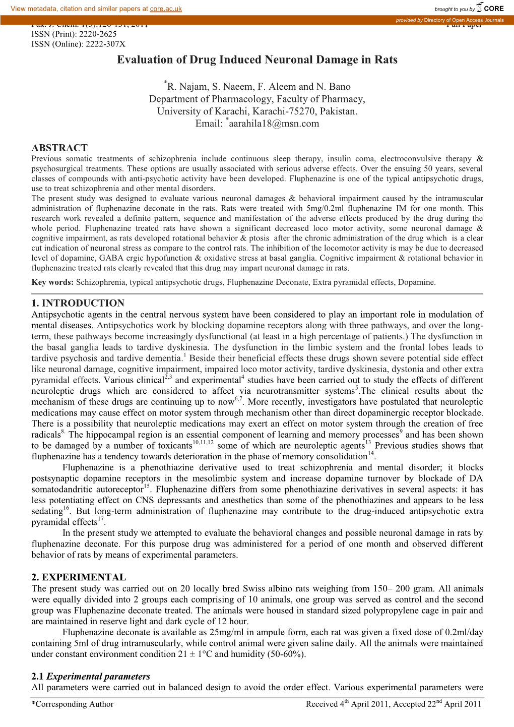 Evaluation of Drug Induced Neuronal Damage in Rats