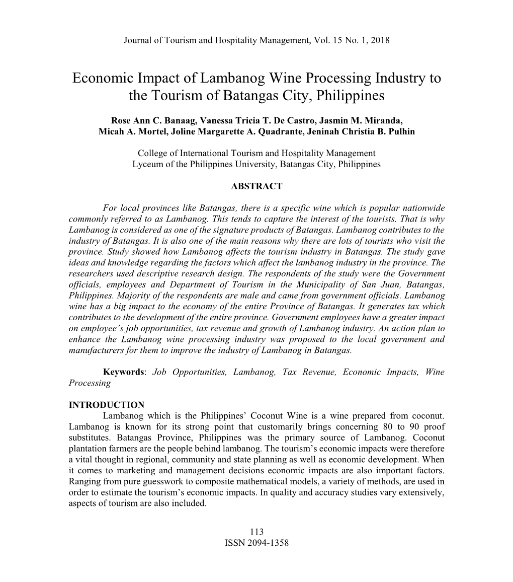 Economic Impact of Lambanog Wine Processing Industry to the Tourism of Batangas City, Philippines