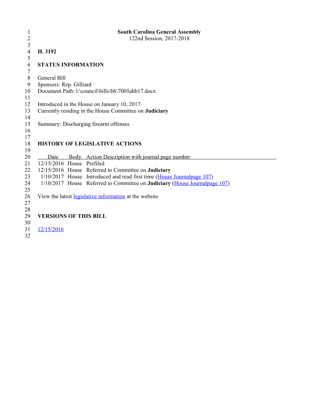 2017-2018 Bill 3192: Discharging Firearm Offenses - South Carolina Legislature Online