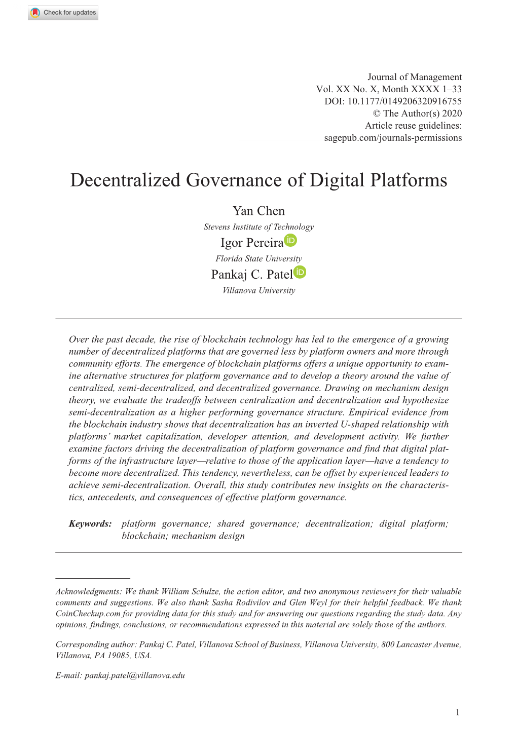 Decentralized Governance of Digital Platforms Research-Article9167552020