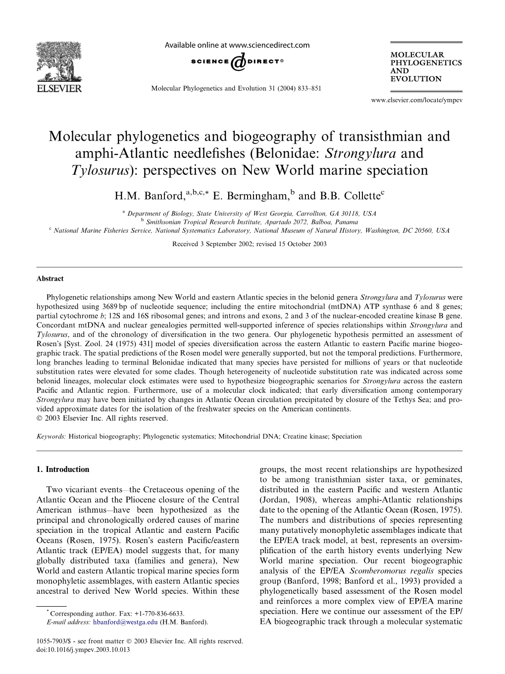 Belonidae: Strongylura and Tylosurus): Perspectives on New World Marine Speciation