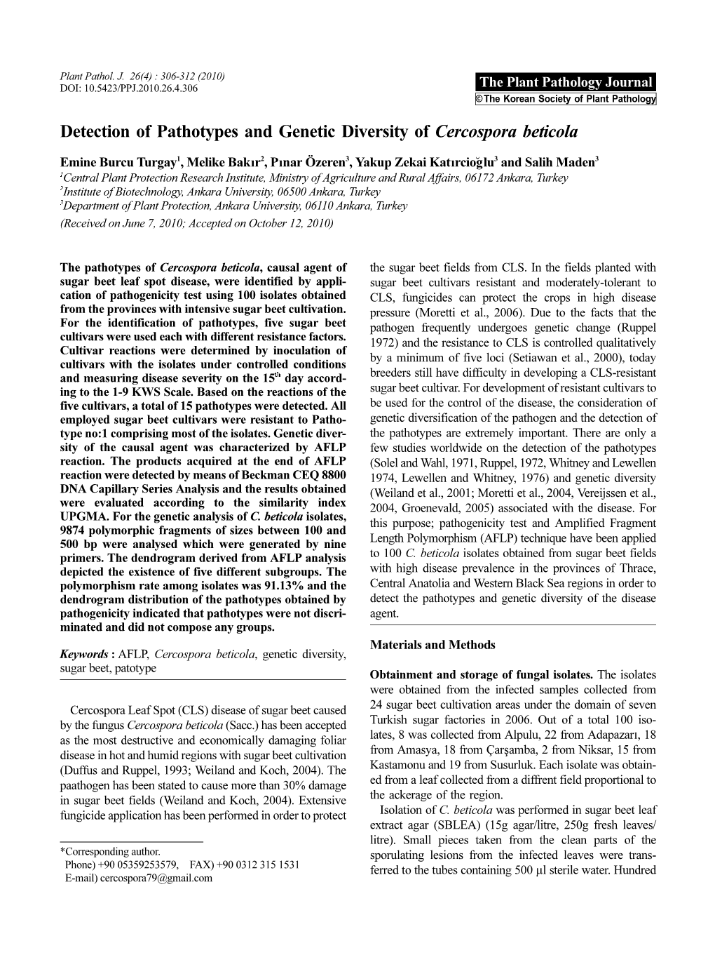 Detection of Pathotypes and Genetic Diversity of Cercospora Beticola