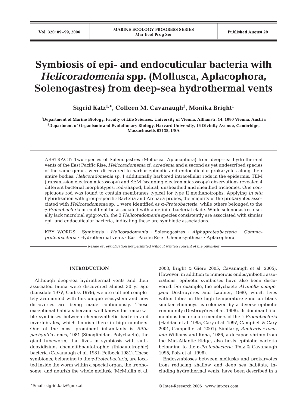 Symbiosis of Epi-And Endocuticular Bacteria with Helicoradomenia Spp.(Mollusca, Aplacophora, Solenogastres) from Deep-Sea Hydrothermal Vents