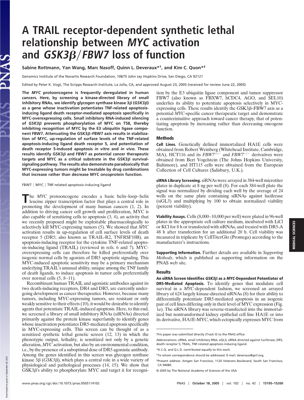 A TRAIL Receptor-Dependent Synthetic Lethal Relationship Between MYC Activation and GSK3␤͞FBW7 Loss of Function