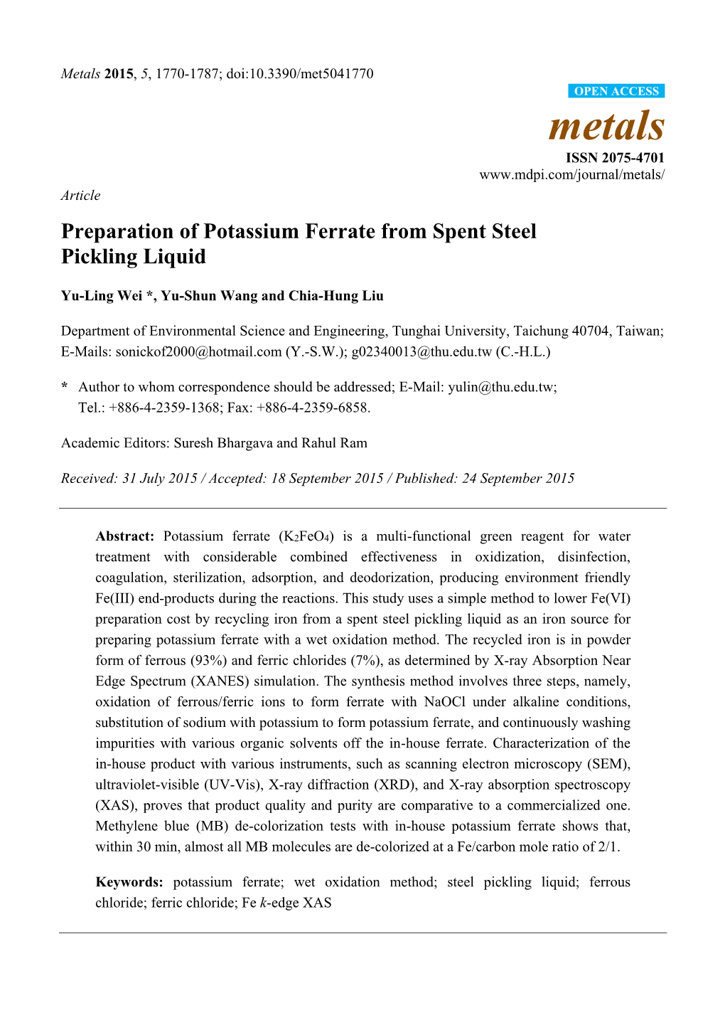 Preparation of Potassium Ferrate from Spent Steel Pickling Liquid