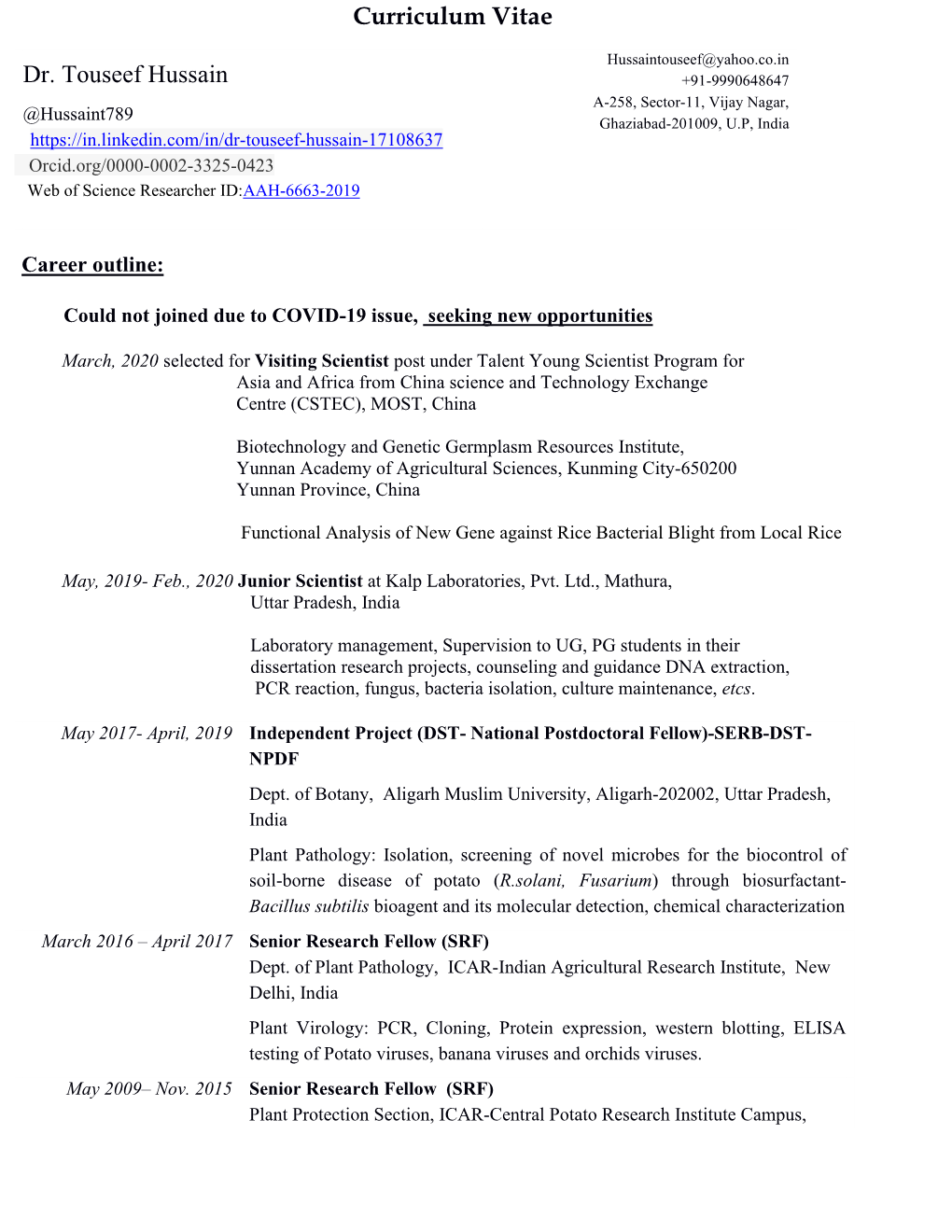 Curriculum Vitae Dr. Touseef Hussain