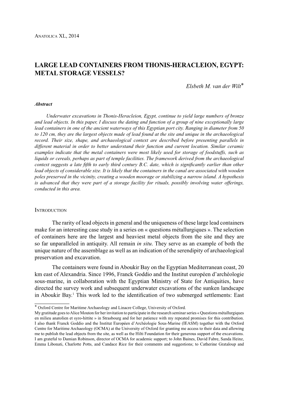 Large Lead Containers from Thonis-Heracleion, Egypt: Metal Storage Vessels?