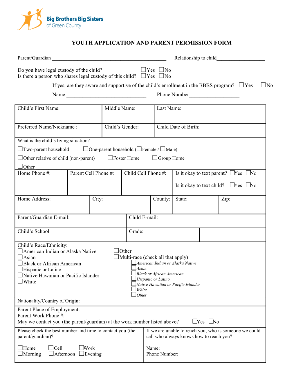 Youth Application and Parent Permission Form