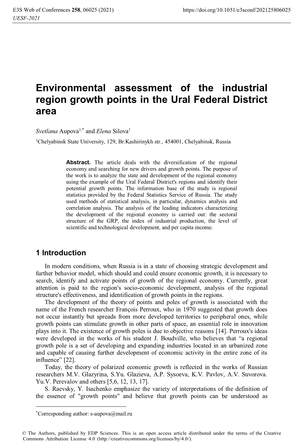 Environmental Assessment of the Industrial Region Growth Points in the Ural Federal District Area