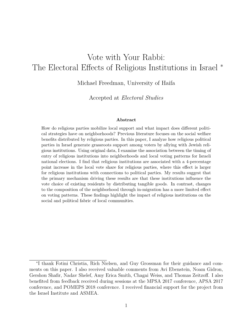 The Electoral Effects of Religious Institutions in Israel