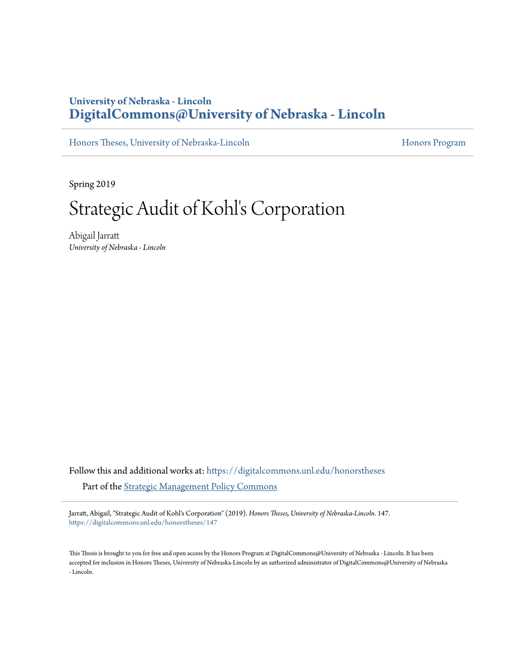 Strategic Audit of Kohl's Corporation Abigail Jarratt University of Nebraska - Lincoln