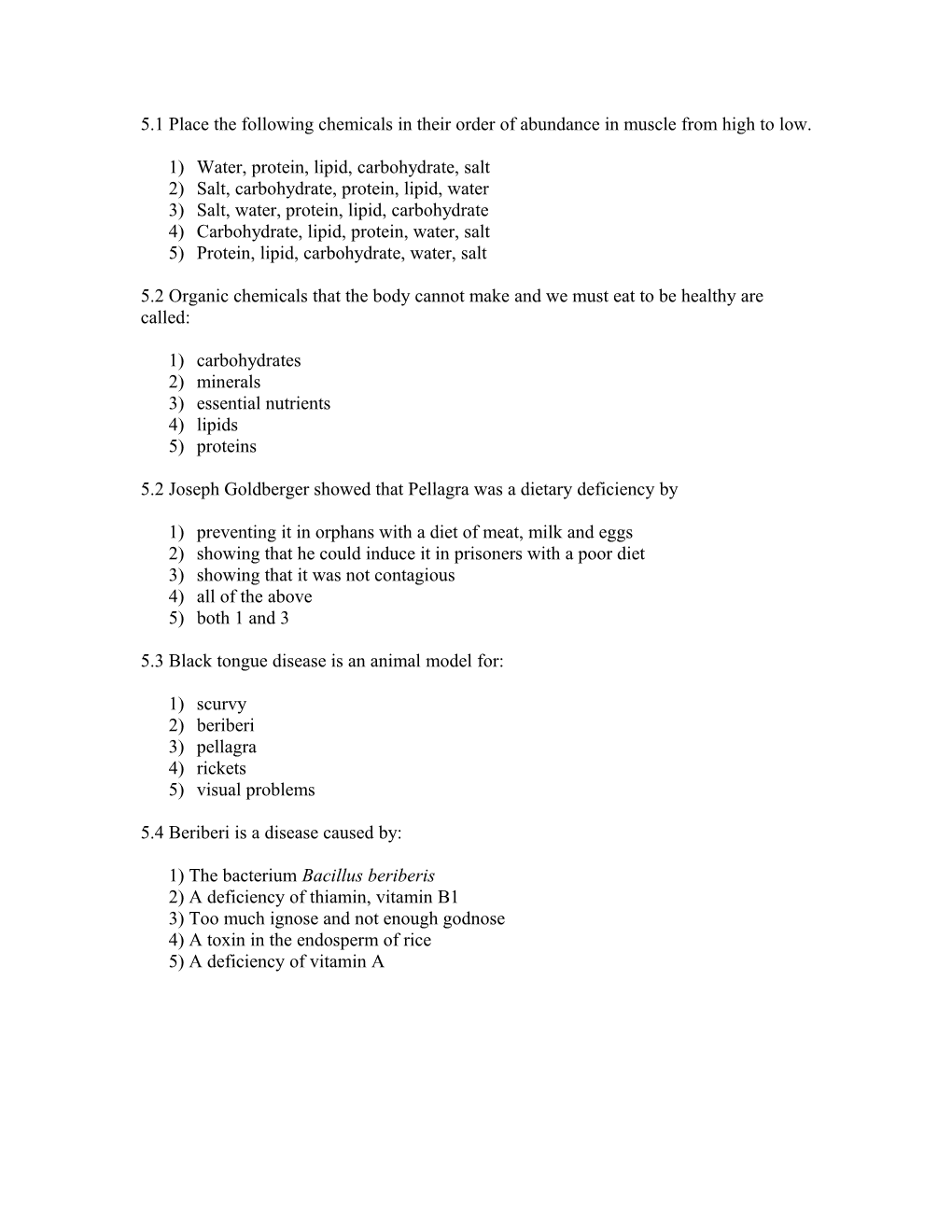 5.1 Place the Following Chemicals in Their Order of Abundance in Muscle from High to Low