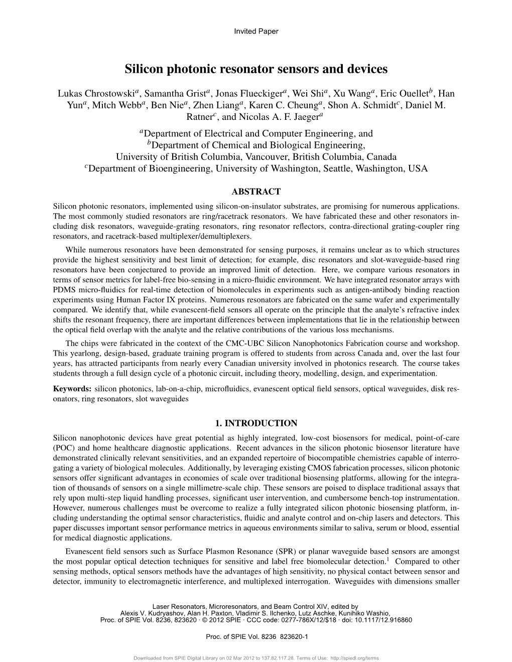 Silicon Photonic Resonator Sensors and Devices