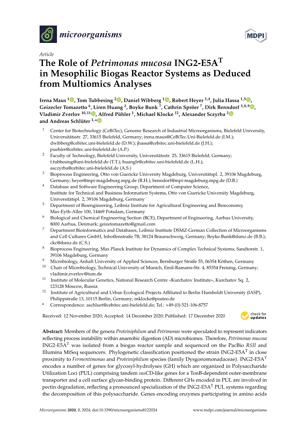 The Role of Petrimonas Mucosa ING2-E5AT in Mesophilic Biogas Reactor Systems As Deduced from Multiomics Analyses