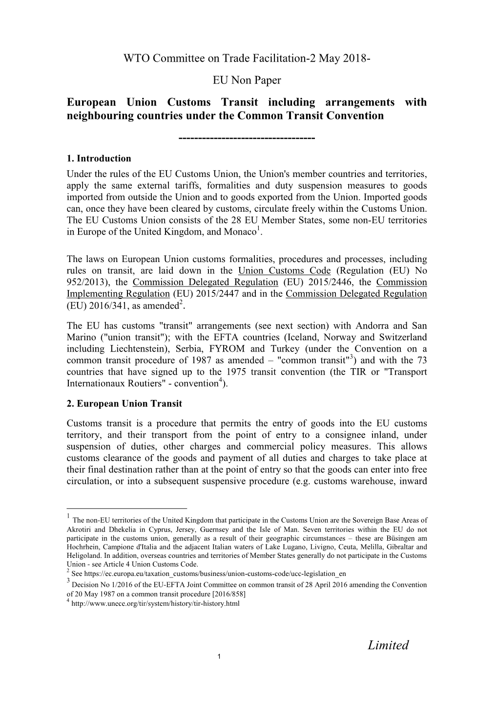 EU Non Paper European Union Customs Transit Including Arrangements with Neighbouring Countries Under the Common Transit Convention ------1