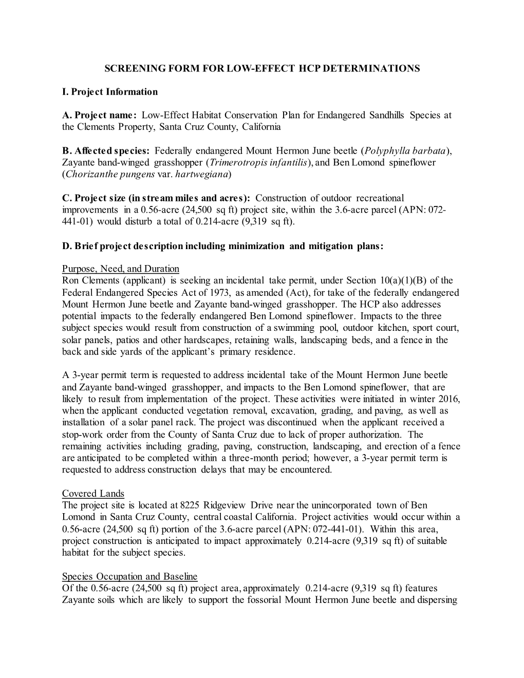 Low Effect Screening Form