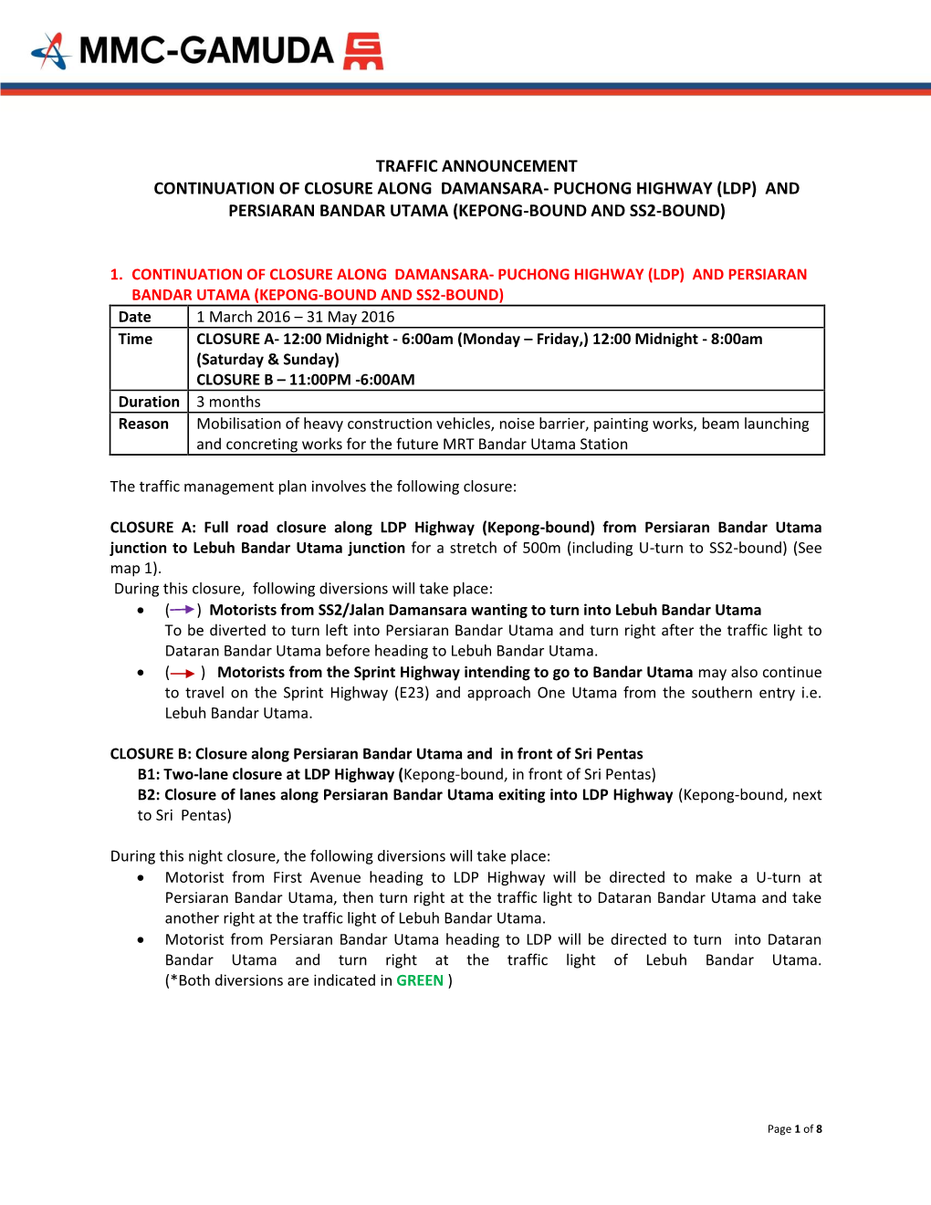 Ldp) and Persiaran Bandar Utama (Kepong-Bound and Ss2-Bound)