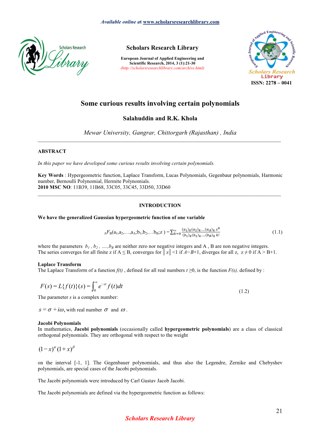 Some Curious Results Involving Certain Polynomials