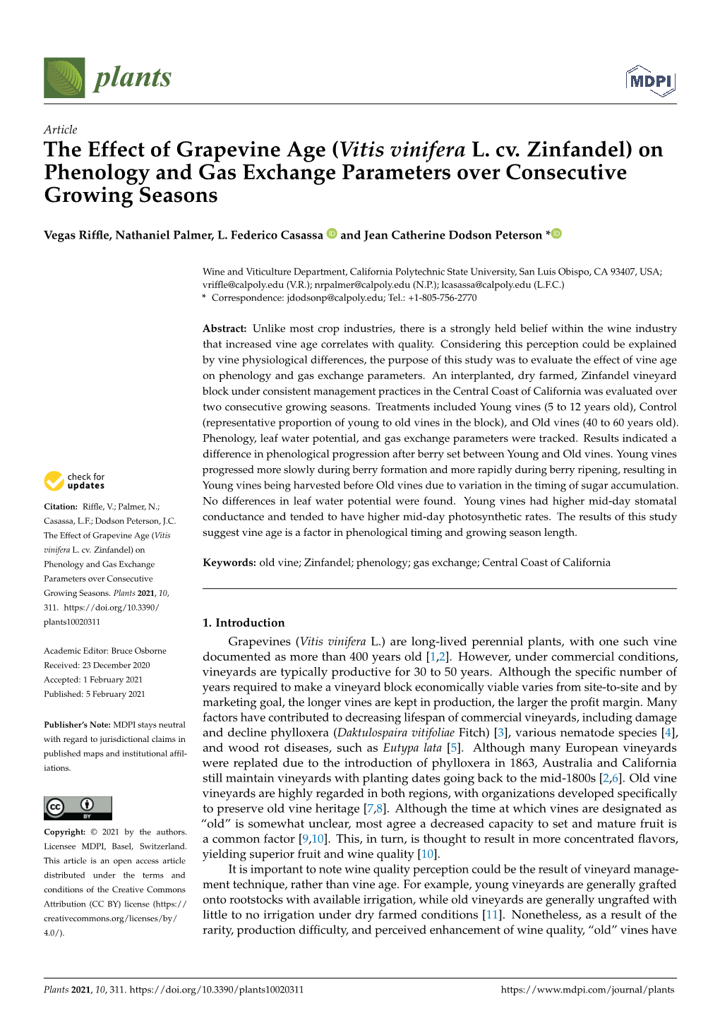 The Effect of Grapevine Age (Vitis Vinifera L. Cv. Zinfandel) on Phenology and Gas Exchange Parameters Over Consecutive Growing Seasons