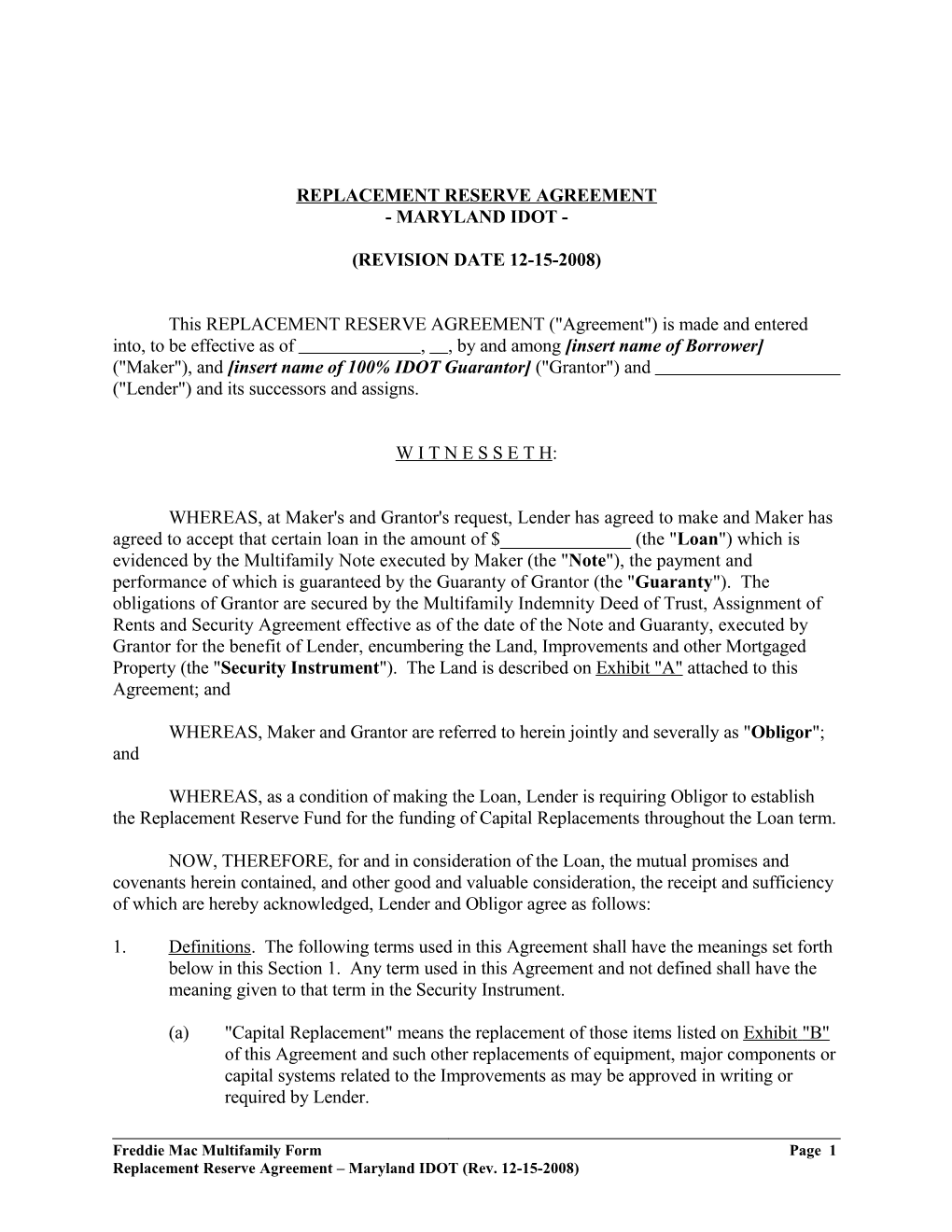 Replacement Reserve Agreement