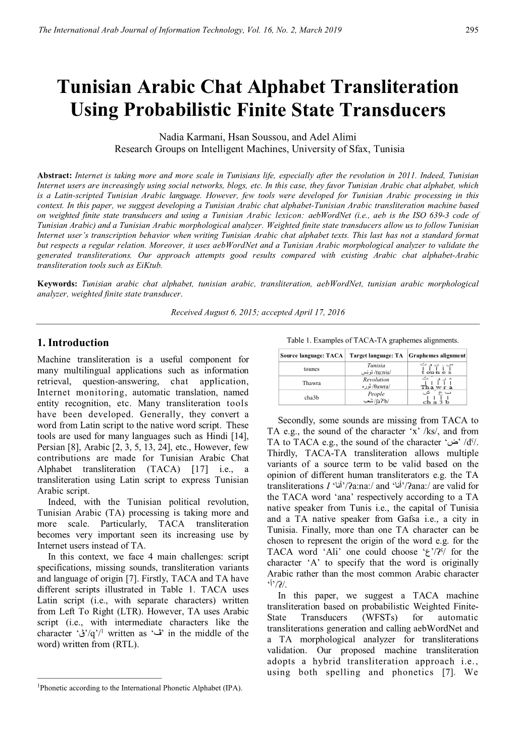 Tunisian Arabic Chat Alphabet Transliteration Using Probabilistic Finite State Transducers