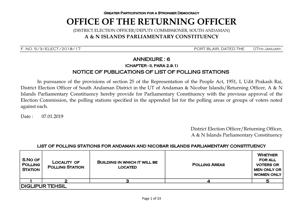 Office of the Returning Officer (District Election Officer/Deputy Commissioner, South Andaman) a & N Islands Parliamentary Constituency
