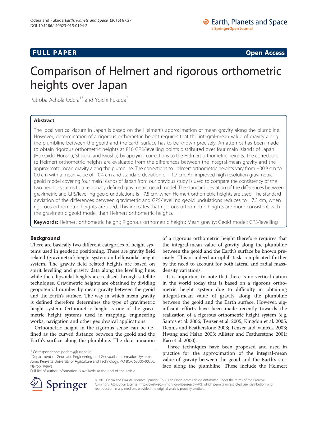 Comparison of Helmert and Rigorous Orthometric Heights Over Japan Patroba Achola Odera1* and Yoichi Fukuda2