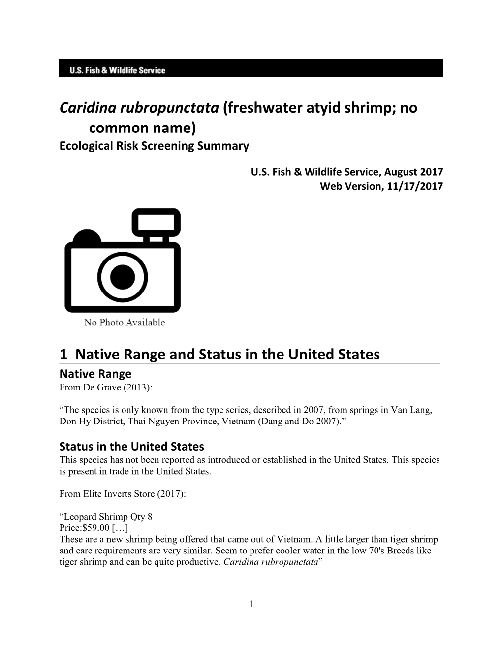 Caridina Rubropunctata (Freshwater Atyid Shrimp; No Common Name) Ecological Risk Screening Summary