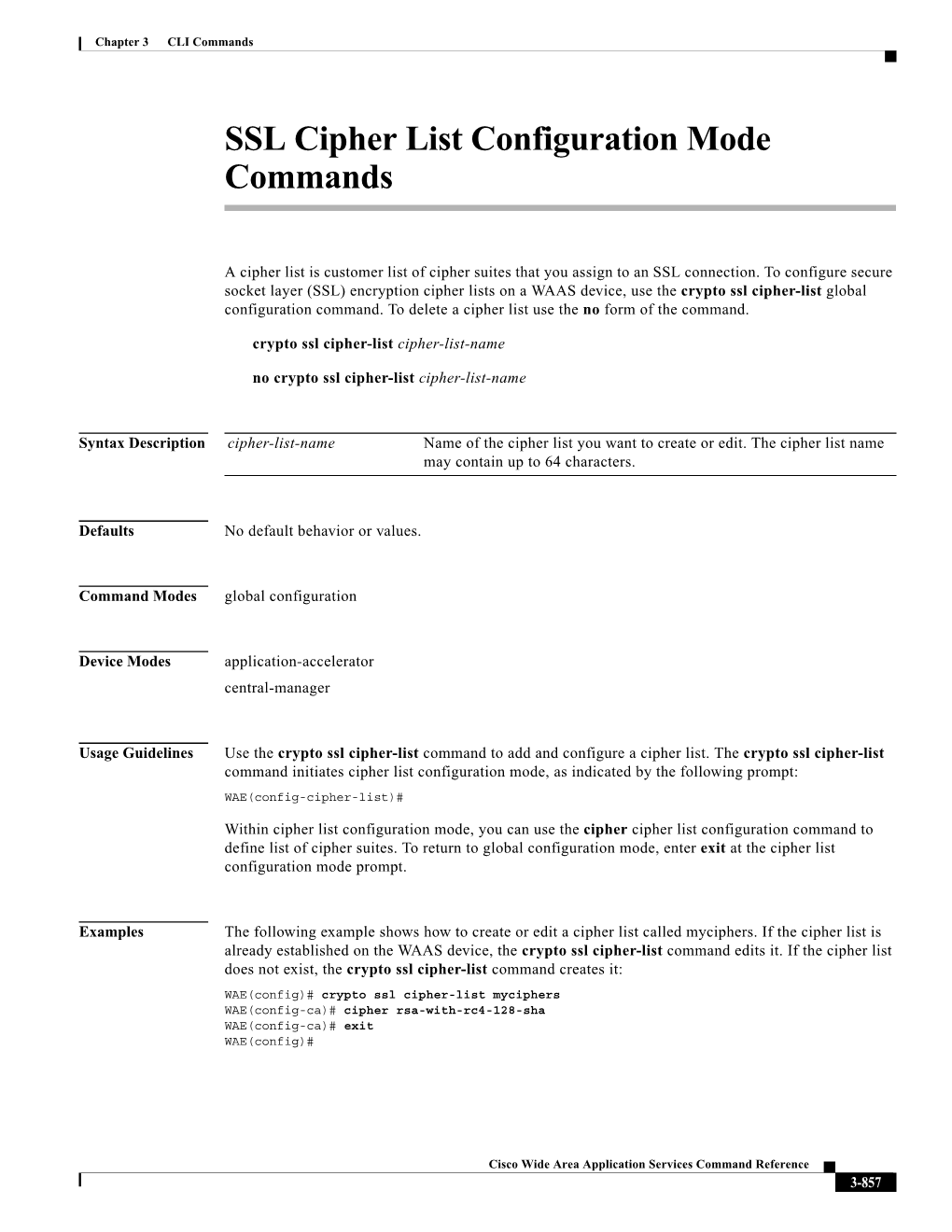 SSL Cipher List Configuration Mode Commands